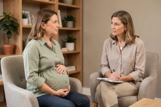 Femme enceinte en séance de soutien psychologique avec une thérapeute dans un cabinet calme et moderne