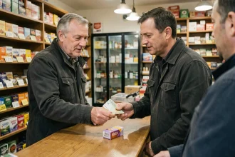 Un homme achetant un paquet de cigarettes dans un bureau de tabac belge en échangeant des billets en euros au comptoir