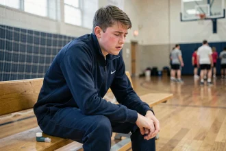 Adolescent asthmatique se reposant sur un banc de gymnase avec un inhalateur après un effort sportif