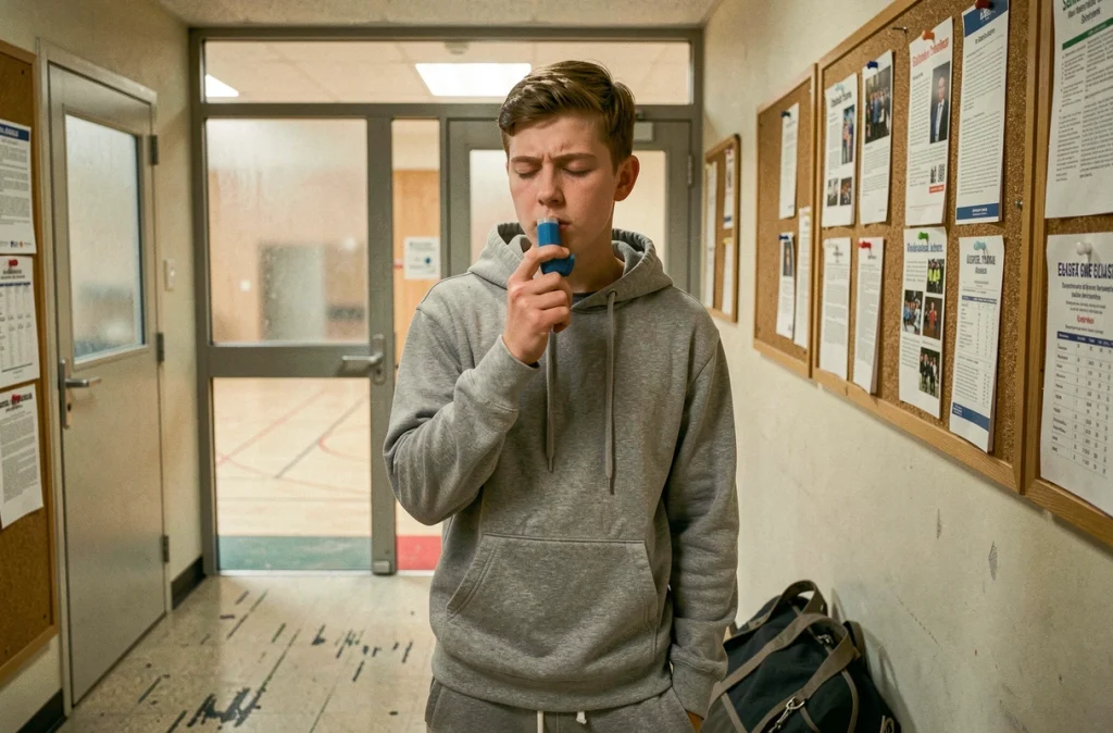 Adolescent utilisant un inhalateur dans le couloir d'un établissement scolaire avant une séance de sport