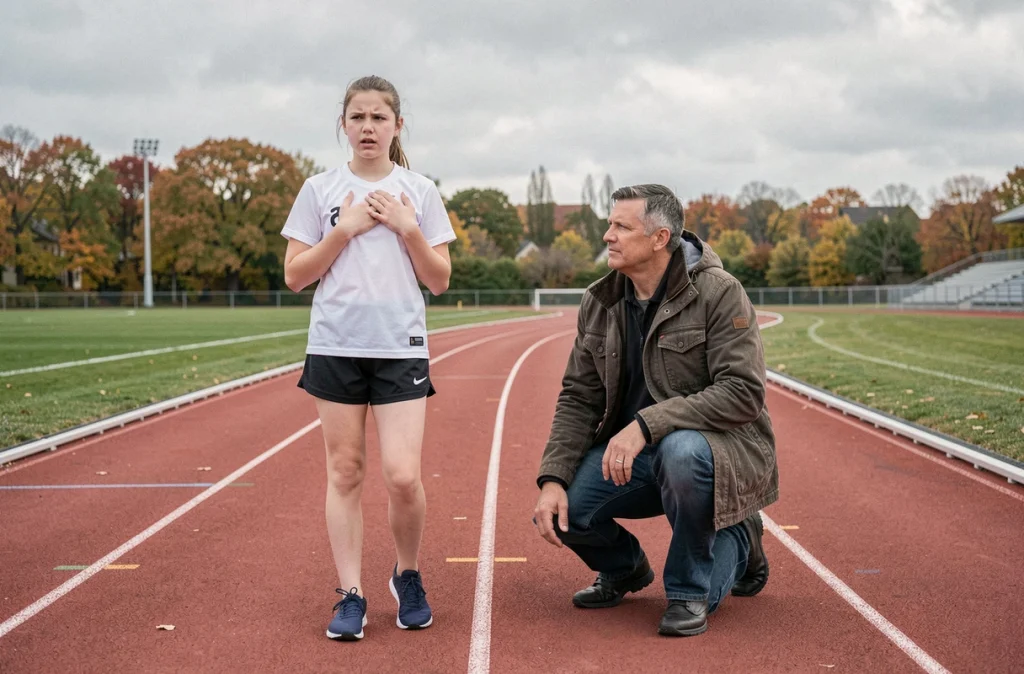 Jeune adolescente asthmatique arrêtée sur une piste d'athlétisme assistée par son entraîneur