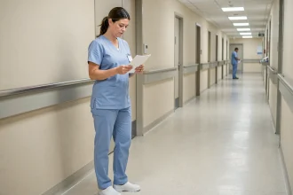 Aide-soignante en blouse bleue consultant un document administratif dans un couloir d'hôpital, illustrant la gestion de carrière et la retraite catégorie active