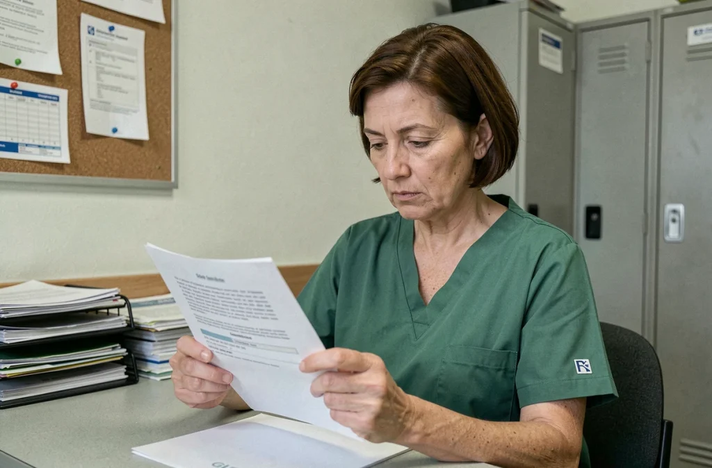 Aide-soignante en salle de pause consultant des documents administratifs sur sa retraite en catégorie active dans un établissement de santé public