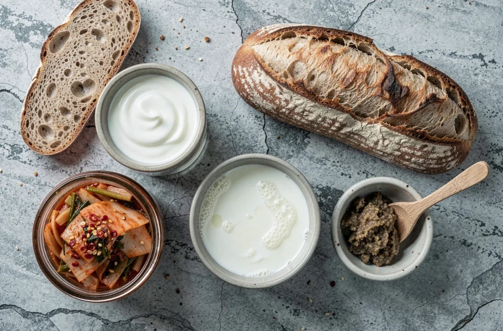 Aliments fermentés riches en probiotiques comme yaourt, kéfir, kimchi et pain au levain pour réduire les ballonnements