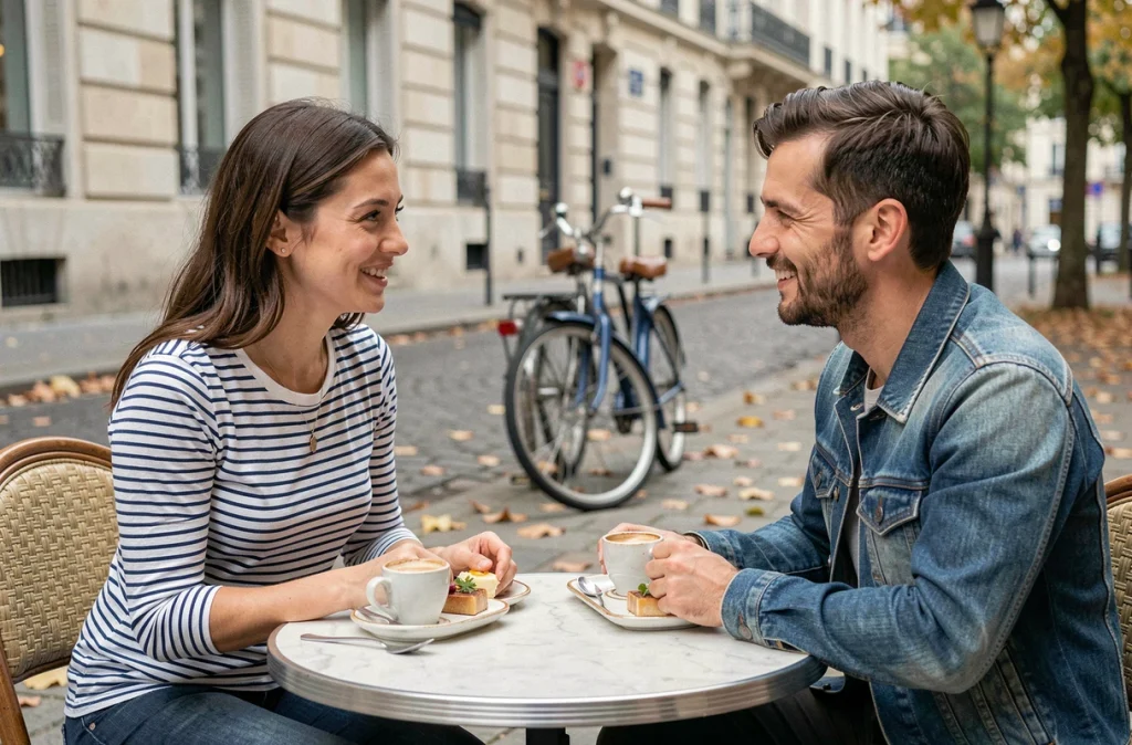 Deux amis partageant de petites portions dans un café parisien en terrasse, illustrant la convivialité autour de repas légers