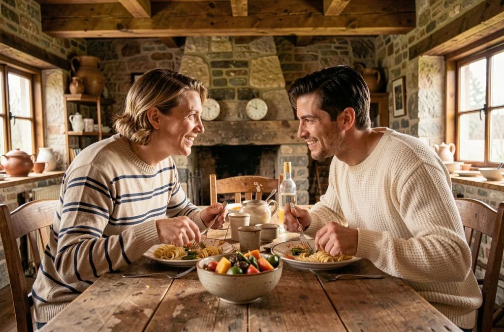 Deux amis partageant un repas fait maison à une table rustique, illustrant les bienfaits de manger lentement ensemble pour mieux réguler l'appétit