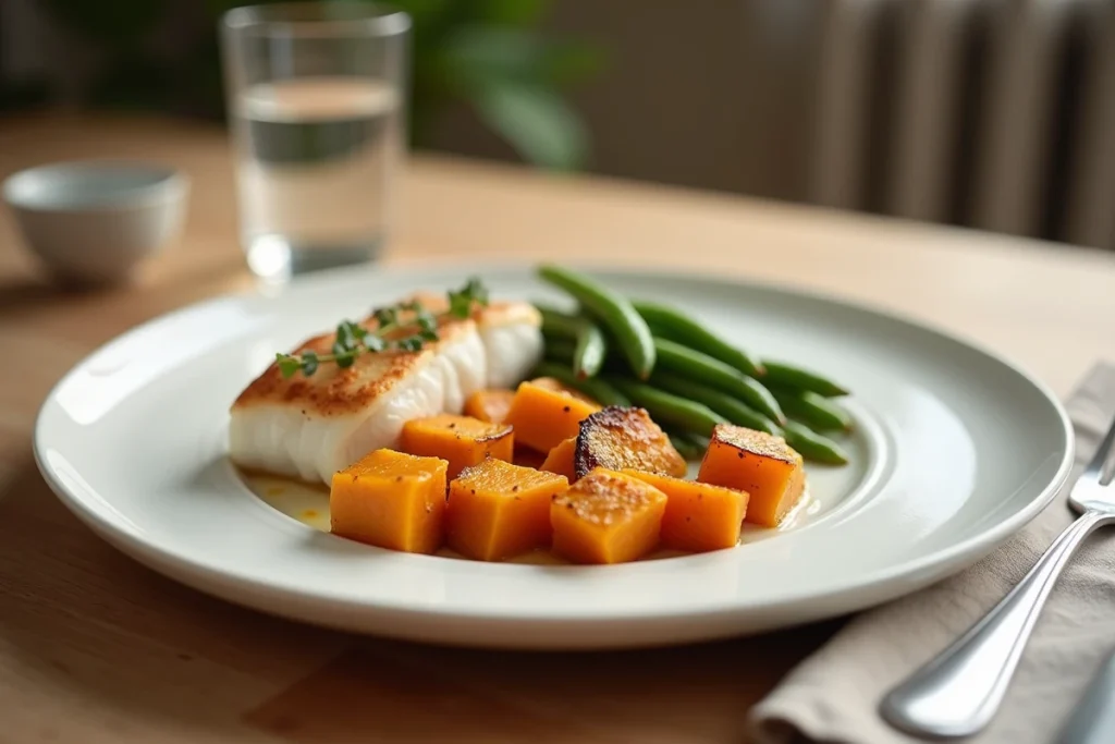 Assiette équilibrée avec courge butternut rôtie, haricots verts et poisson grillé pour un dîner léger