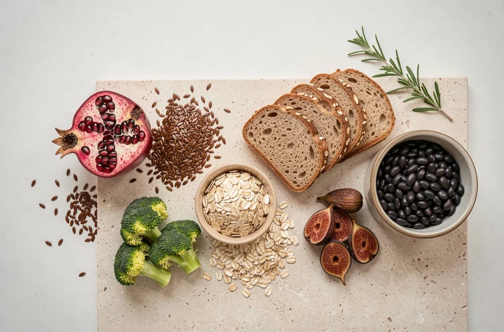Assortiment d'aliments riches en fibres disposés sur une surface en pierre dans un style éditorial minimaliste