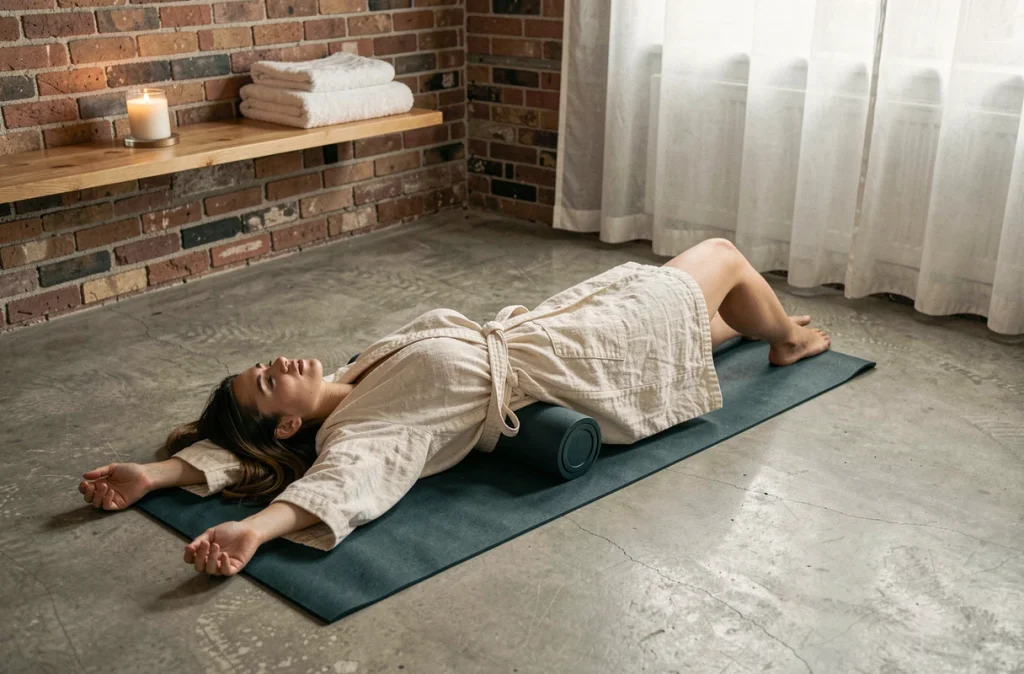 Femme utilisant un foam roller pour l'auto-massage du dos sur un tapis de yoga dans un espace bien-être à domicile