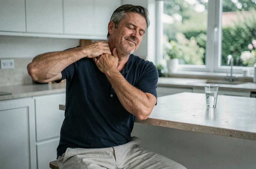 Homme pratiquant l'auto-massage cervical et des épaules dans une cuisine moderne pour relâcher les tensions musculaires