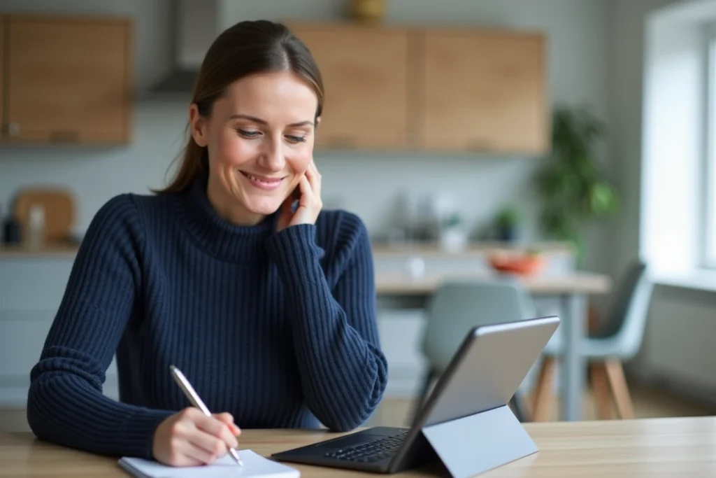 Femme convaincue rédigeant son avis positif sur INDIVA System avec une tablette et un carnet de notes