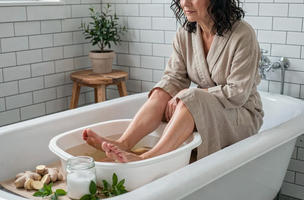 Femme trempant ses pieds dans un bain de plantes naturelles contre la jambe gonflée dans une salle de bain