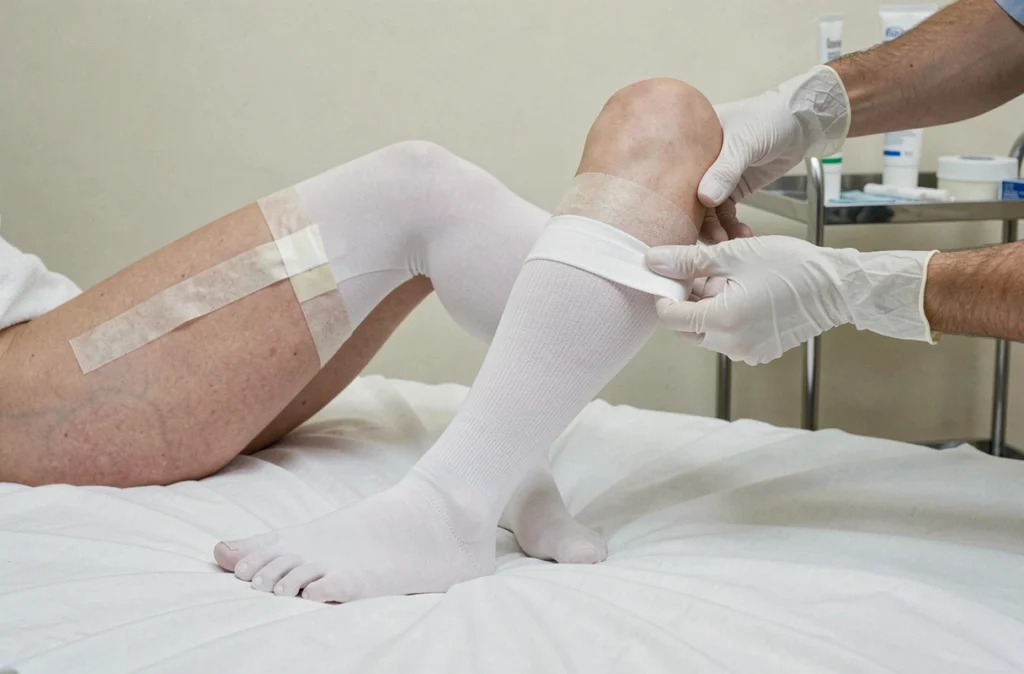 Gros plan sur des bas de contention blancs portés après une opération des varices, avec un professionnel de santé ajustant le bas sur les jambes d'une patiente