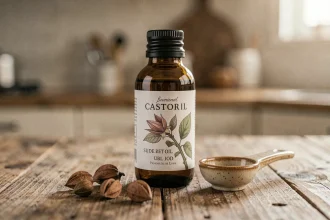 Petite bouteille en verre ambré d'huile de ricin posée sur un comptoir en bois avec des graines de ricin et une cuillère en céramique