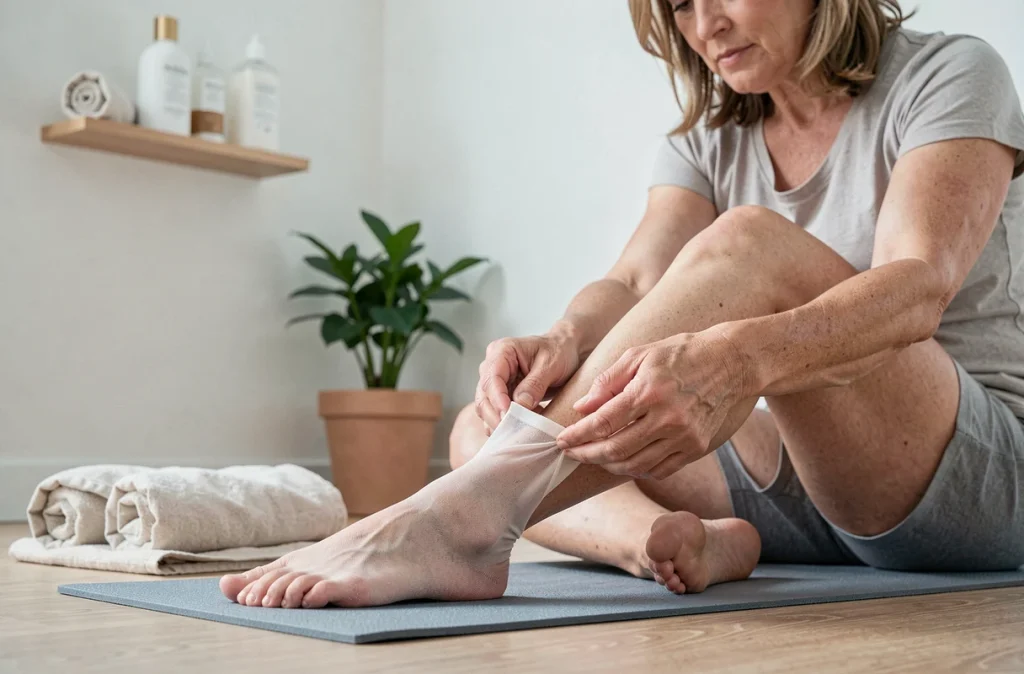 Femme enfilant une chaussette peeling exfoliante sur son pied pour éliminer la corne, soin kératose maison