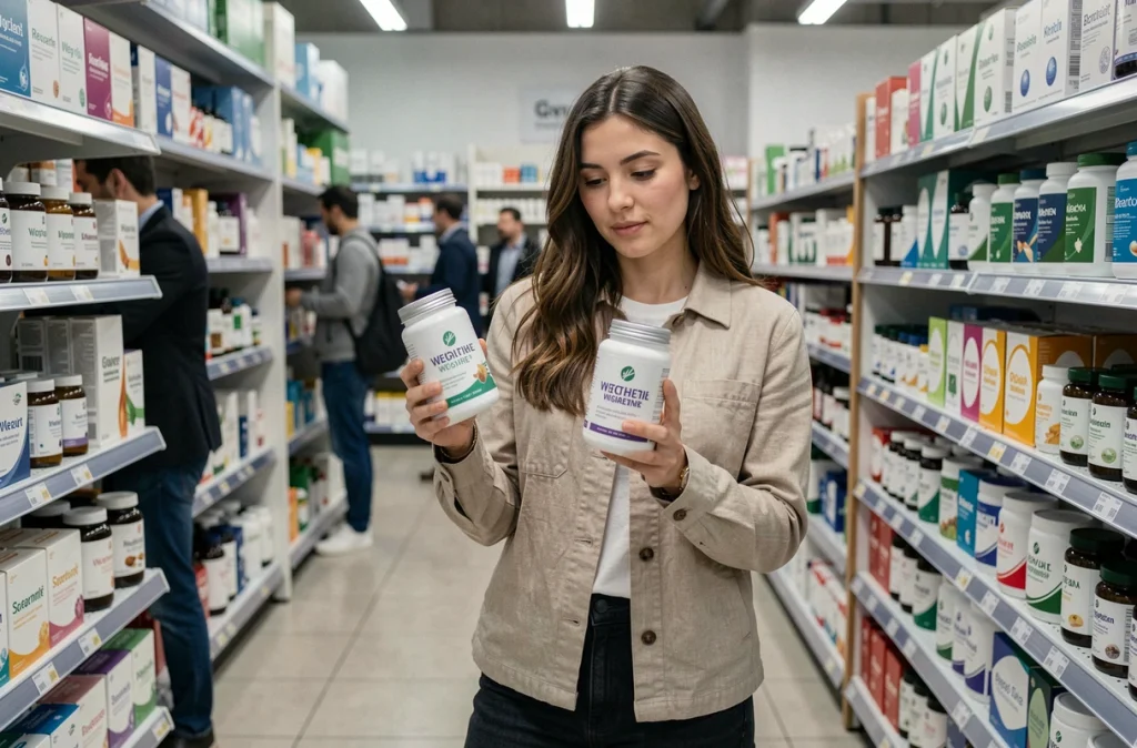 Jeune femme comparant des produits de perte de poids en rayon de pharmacie, dont IT Works, avec un regard analytique