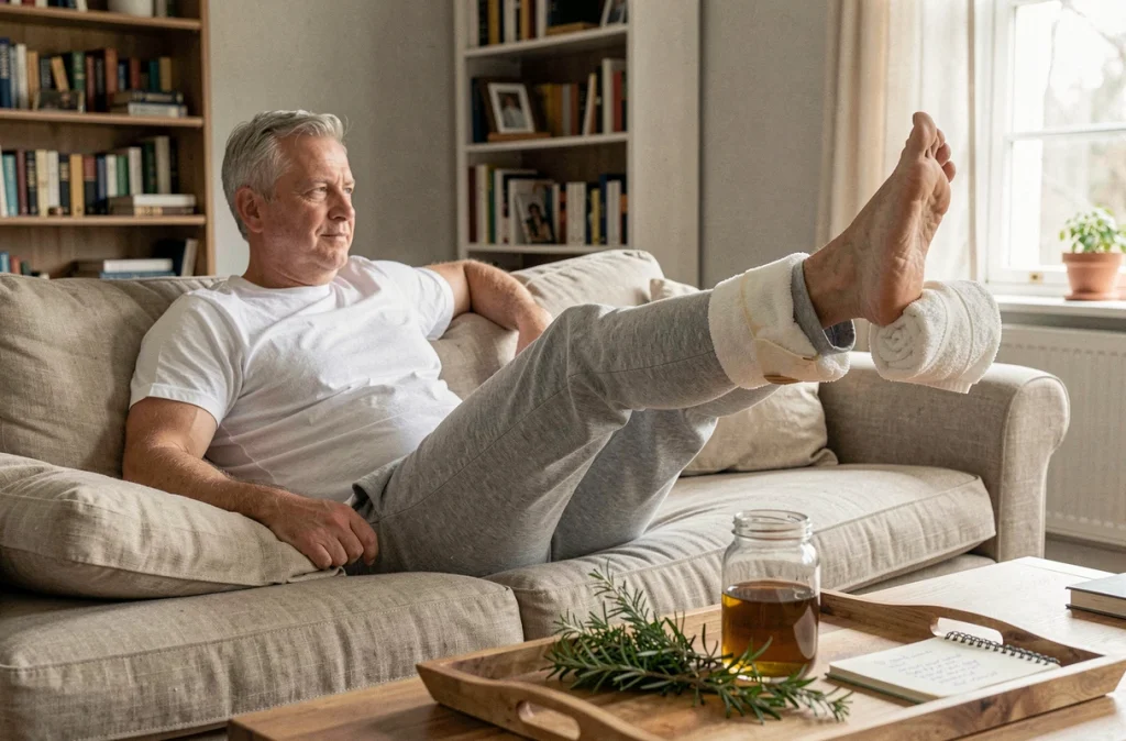 Homme allongé sur un canapé avec une compresse maison au vinaigre de cidre pour soulager la jambe gonflée