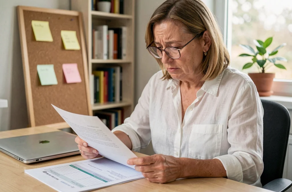 Femme d'âge moyen relisant un dossier MDPH à son bureau, illustrant la difficulté de prouver un handicap invisible lié à la dépression sans se surexposer