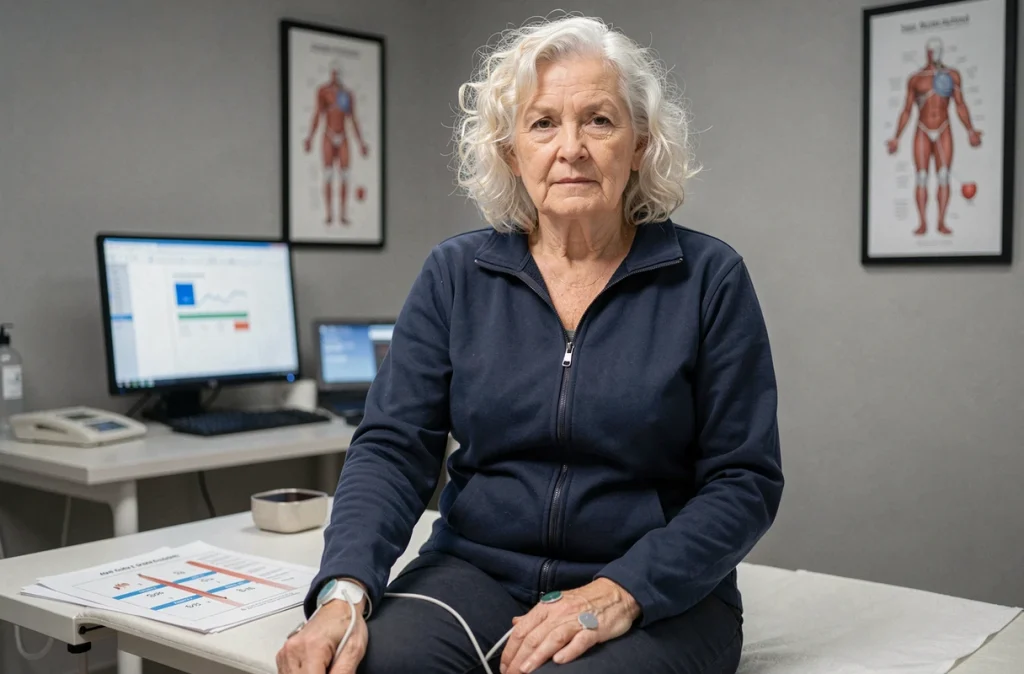 Une femme âgée lors d'une consultation cardiologique pour surveiller son hypertension artérielle silencieuse