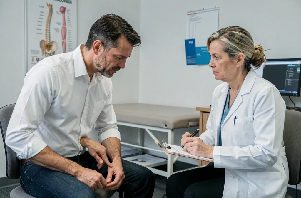 Patient expliquant ses symptômes de spondylarthrite à un médecin lors d'une consultation rhumatologique