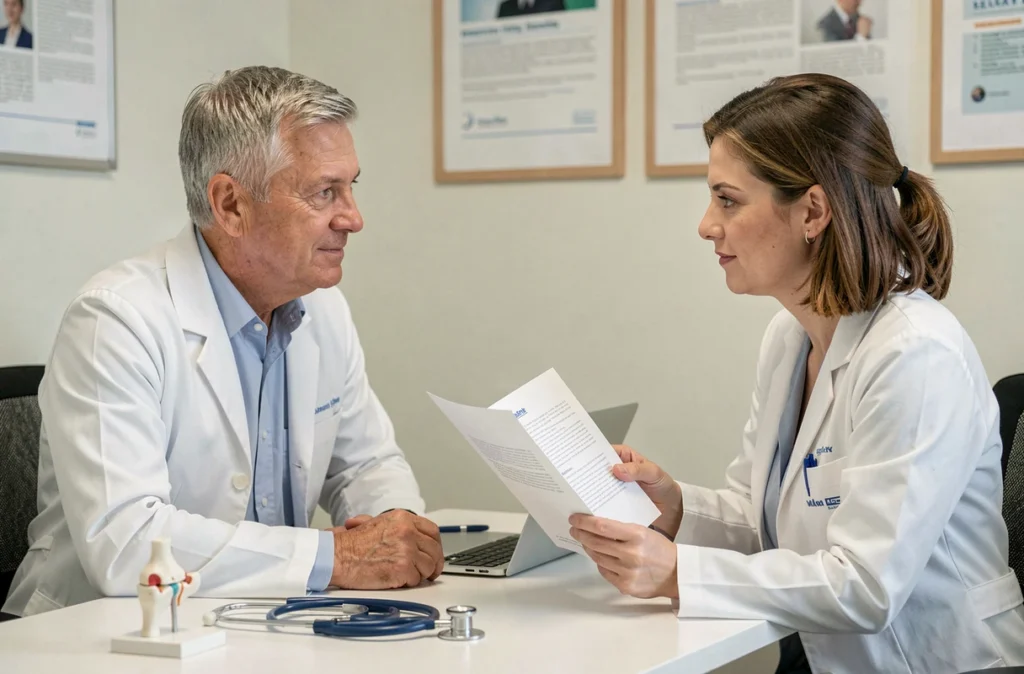 Consultation médicale entre un patient et un médecin discutant des effets et délais d'action d'un traitement à la cortisone