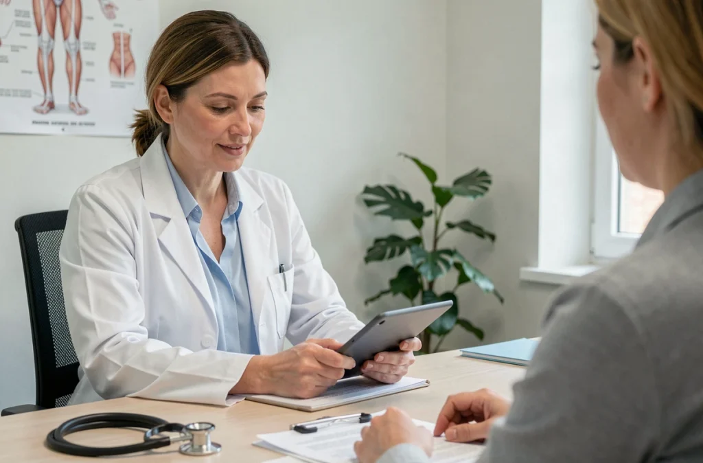 Médecin généraliste en consultation avec un patient pour des symptômes de reflux gastrique nécessitant un avis médical