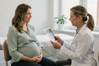 Femme enceinte en consultation prénatale avec une obstétricienne tenant une échographie dans un cabinet médical moderne
