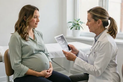 Femme enceinte en consultation prénatale avec une obstétricienne tenant une échographie dans un cabinet médical moderne
