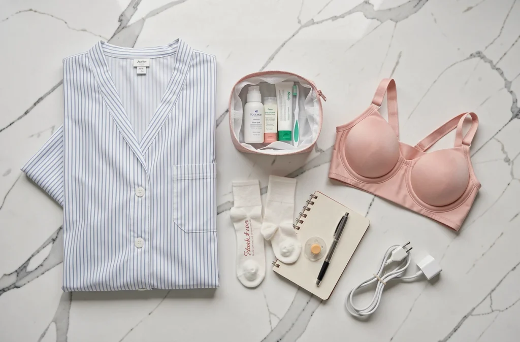 Vue de dessus des affaires essentielles à mettre dans une valise de maternité disposées sur un marbre blanc