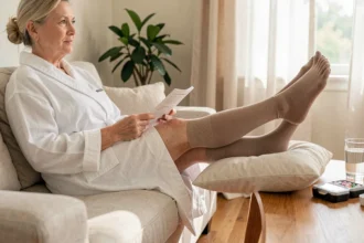 Femme en convalescence après une opération des varices, assise sur un canapé avec les jambes surélevées et portant des bas de contention beiges