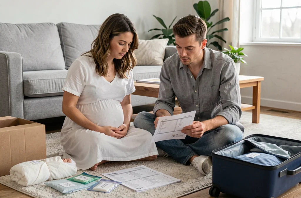 Couple préparant ensemble la valise de maternité avec une liste de naissance dans leur salon
