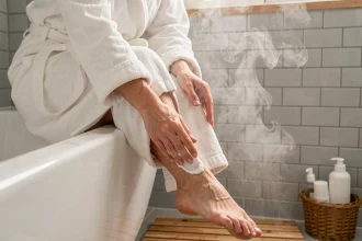 Femme appliquant une crème hydratante sur le talon de son pied assis au bord d'une baignoire, soin contre la corne sous les pieds