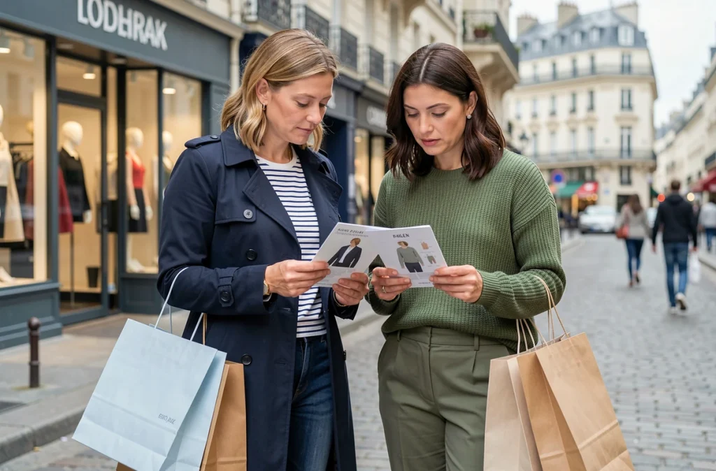 Deux femmes françaises de morphologies différentes consultant un guide des tailles devant une boutique de vêtements, illustrant la diversité des silhouettes féminines en France