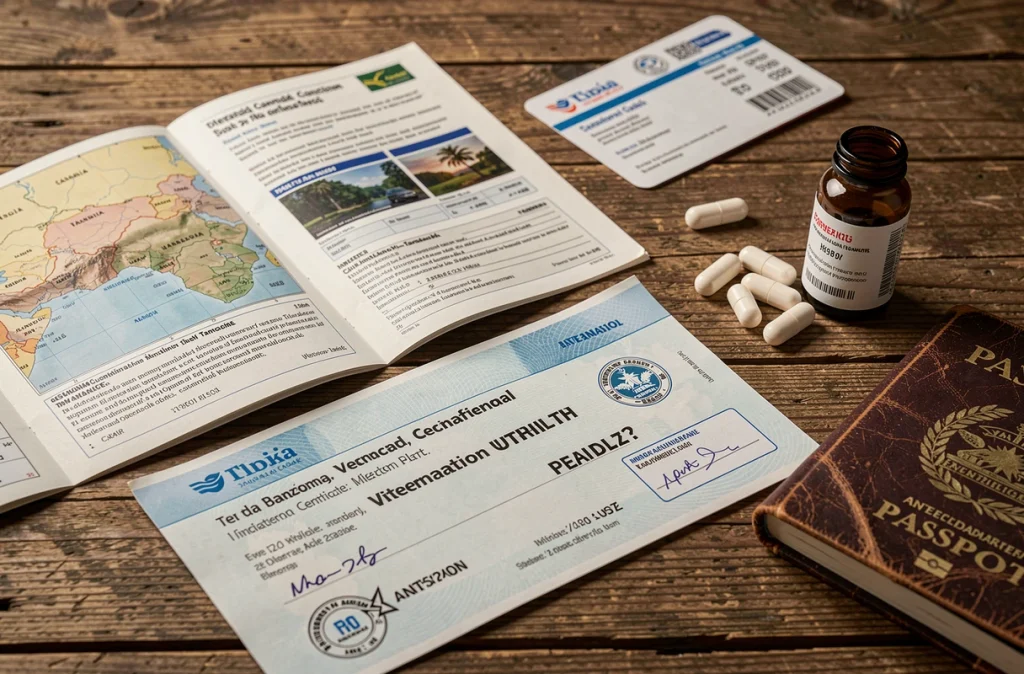 Carnet de santé international, certificat de vaccination et documents de voyage pour un voyage en Tanzanie disposés sur une table en bois