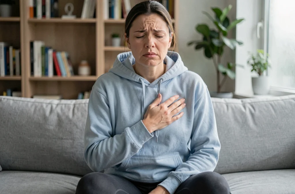 Femme assise sur un canapé se tenant les côtes avec une expression de douleur intercostale persistante au repos