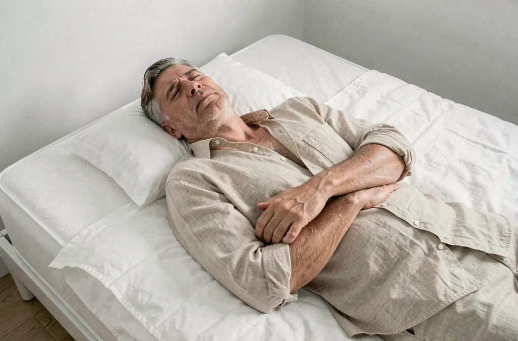 Homme allongé sur un lit au repos se tenant la cage thoracique illustrant une douleur intercostale persistante