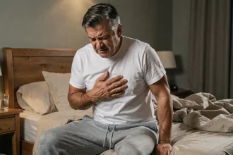 Homme d'âge moyen assis sur un lit tenant son côté douloureux au niveau des côtes avec une expression de douleur intercostale