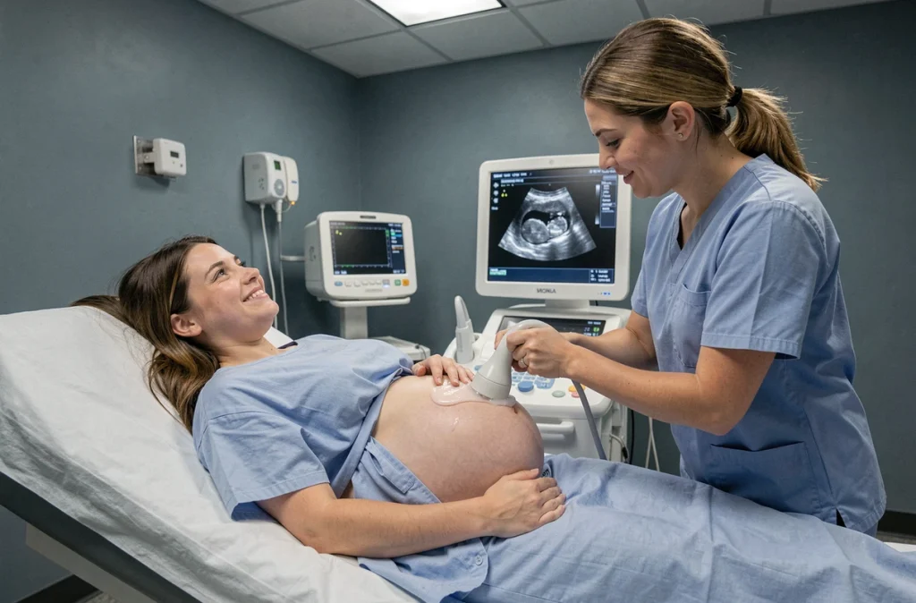 Femme enceinte lors d'une échographie prénatale avec une technicienne affichant l'image du fœtus sur un moniteur médical