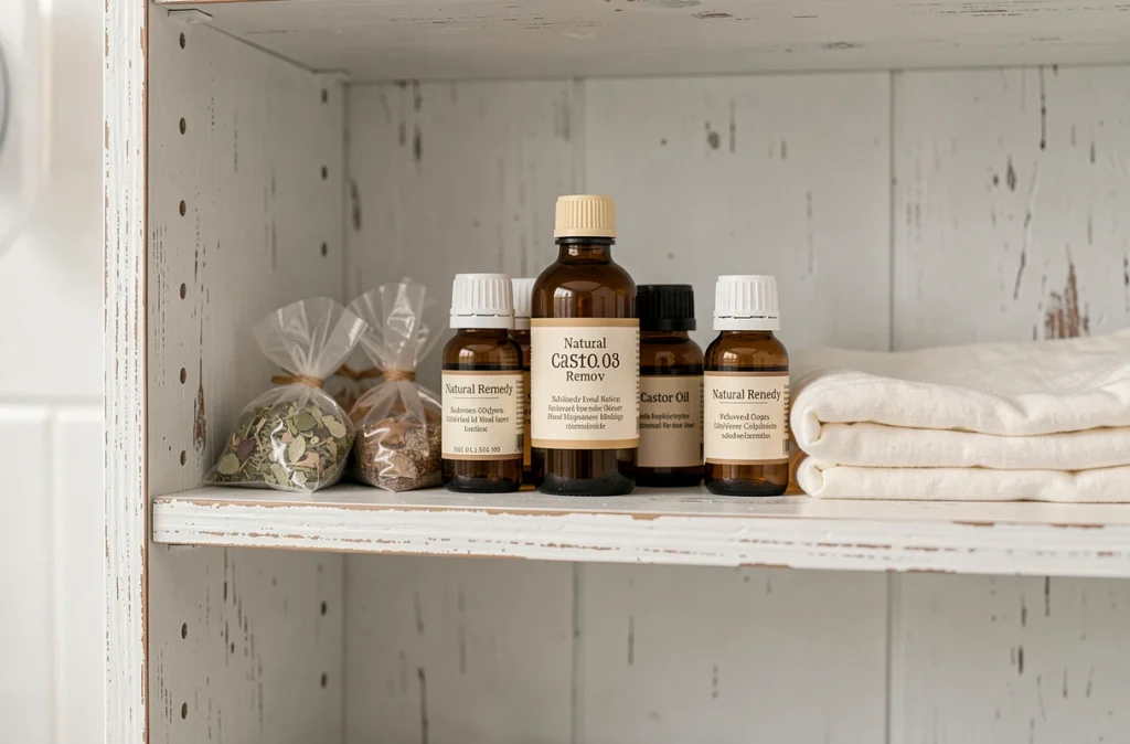 Étagère de pharmacie domestique avec une bouteille d'huile de ricin parmi des remèdes naturels dans une armoire en bois blanc
