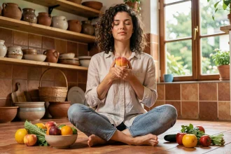 Femme pratiquant l'alimentation intuitive, assise sur le sol d'une cuisine en tenant une pêche, expression sereine et centrée