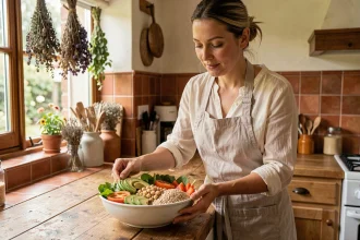 Femme préparant un bol riche en fibres avec légumineuses, céréales complètes et légumes frais dans une cuisine rustique