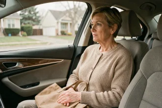 Femme en chimiothérapie assise côté passager dans une voiture, regardant par la fenêtre avec une expression sereine