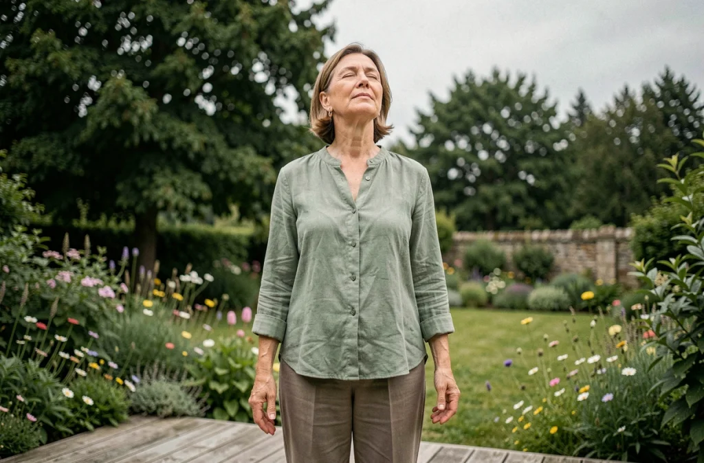 Femme d'une cinquantaine d'années pratiquant la cohérence cardiaque en plein air sur une terrasse en bois face à un jardin verdoyant