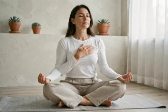 Femme pratiquant la cohérence cardiaque en position assise sur un tapis de yoga, main posée sur le cœur dans un salon minimaliste