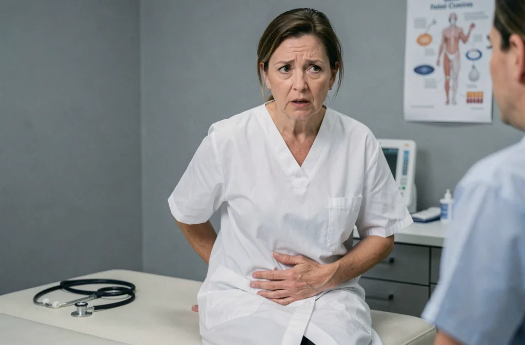 Femme en consultation médicale indiquant une douleur au côté gauche lors d'un examen chez le médecin
