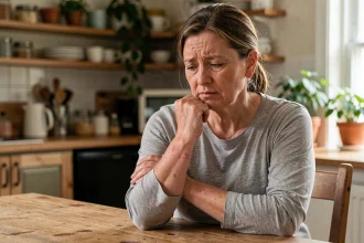Femme d'âge mûr se grattant l'avant-bras avec une expression préoccupée, symbolisant les démangeaisons liées au cancer