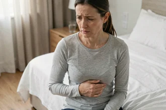 Femme tenant son côté gauche avec une expression de gêne, assise sur un lit blanc dans une chambre lumineuse