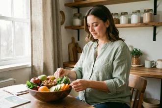Femme enceinte préparant un repas équilibré avec des fruits et légumes frais dans une cuisine chaleureuse