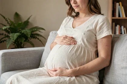 Femme enceinte en robe de lin ivoire assise sur un canapé gris, les mains posées sur son ventre rond, dans un salon minimaliste aux tons neutres