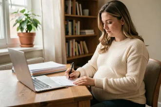 Femme enceinte remplissant des documents administratifs pour la naissance de son bébé à son bureau à domicile